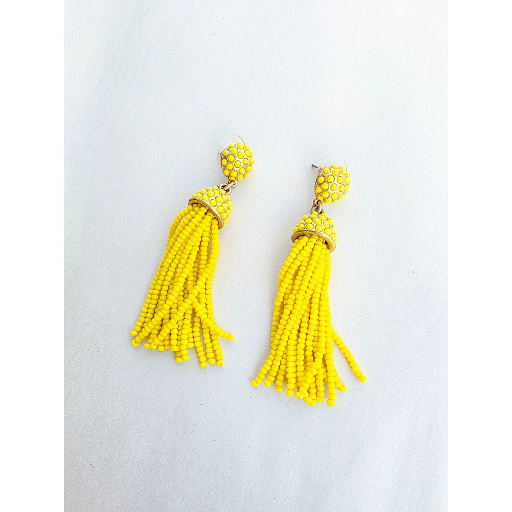 J.Crew Yellow Beaded Tassel Statement Earrings Gold Tone Post Back